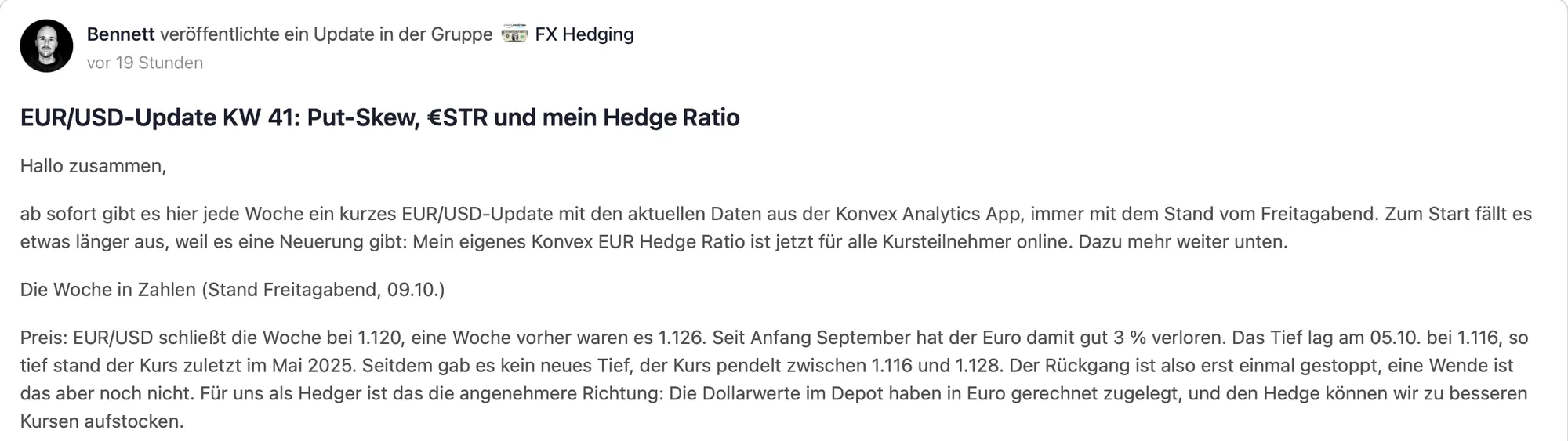 Ausschnitt aus dem Beitrag „EUR/USD-Update KW 41: Put-Skew, €STR und mein Hedge Ratio“ in der Gruppe FX Hedging, Datenstand Freitagabend, 9. Oktober 2026